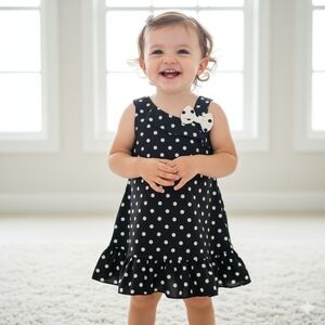 Girls Black and White Polka Dot A-Line Dress with Ruffle Hem and Bow Accent
